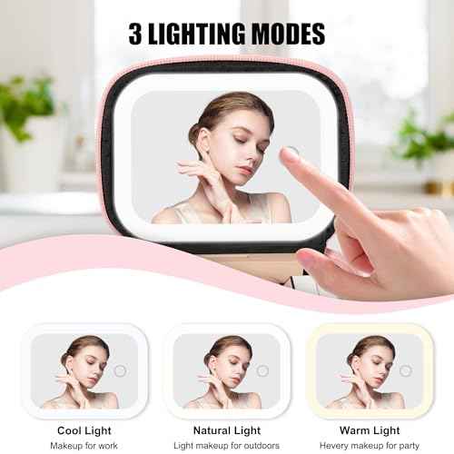 Relavel Mini Makeup Bag with Led Mirror, Small Cosmetic Bag with 3 Light Modes, Rechargeable Portable Makeup Pouch with Hands-Free Wrist Strap for Pool Parties?Work Touch-Ups?Travel - Pink