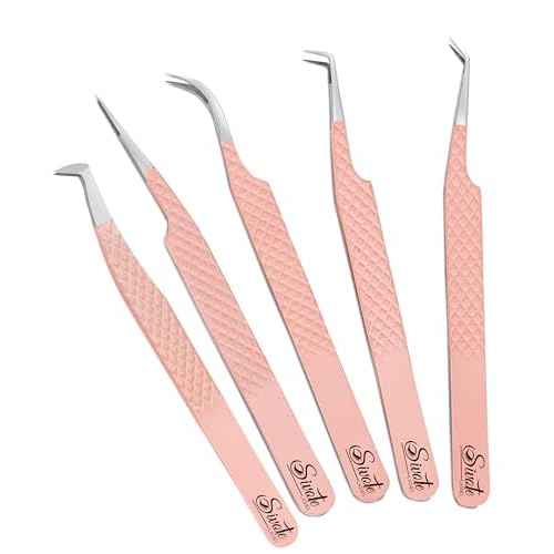SIVOTE Lash Tweezers for Eyelash Extensions, Pack of 5 Peach ? Lash Extension Tweezers Set with Diamond Grip, Precision Fiber Tip for Volume Eyelash Extensions