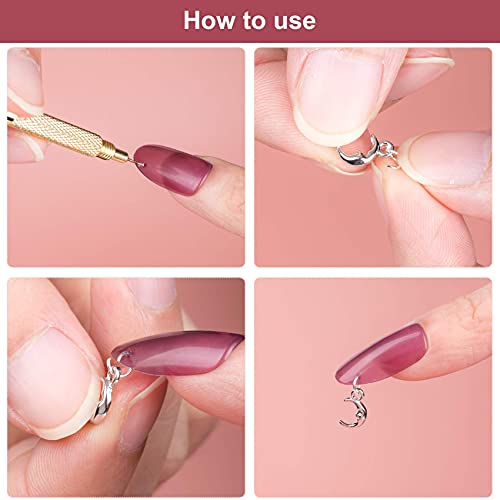 PAGOW 71 PCS Dangle Nail Art Charm, Nail Jewelry Rings with Nail Piercing Tool Hand Drill for Tips, Acrylic, Gels and Decorations