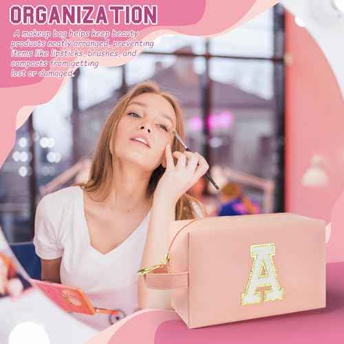Personalized Initial Makeup Bag with Handle, Preppy Cosmetic Bag with Inner Zipper Pocket, 8 9 10 11 12 13 14 Years Old Girl, Graduation Gifts for Teen Girls Women Teachers (A, Pink)