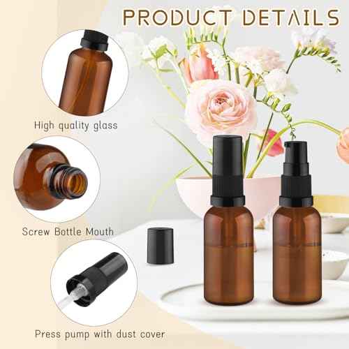 10 Pack Empty Amber Glass Pump Bottles Refillable Cream Lotion Bottles Travel Cosmetic Dispenser Bottle for Sample,Liton,Cream,Liquids Aromatherapy and More (30ml/1oz)