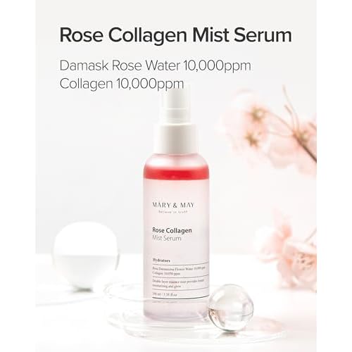 Mary&May Rose Collagen Mist Serum - Double Layer Essence Face Spray - Instant Hydration, Radiance, Anti-Aging and Glowing Skin with Damask Rose Water and Plant-Based Oils, 3.38 fl.oz.