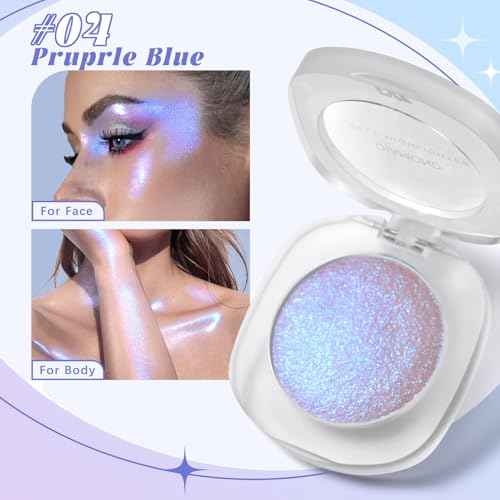 Holographic Duochrome Purple Blue Eyeshadow&Highlighter Palette, Color Shift Glitter Iridescent Cream Highlighter, Smooth Long Lasting Sparkling Eyeshadow Mermaid Facial Illuminator Makeup#04