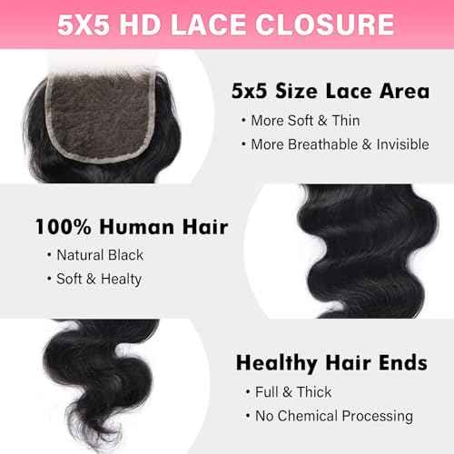 WOWANGEL 5x5 0.095mm Ultra-Thin Skinlike Real HD Lace Frontal & Closure,Body Wave Natural Hairstyles,Pre-Plucked Invisible Hairline,Unprocessed Virgin Human Hair,Invisible Knots HD Lace,12inch