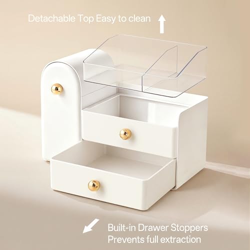 HBlife Makeup Organizer with Drawers & Brush Holder - White & Gold