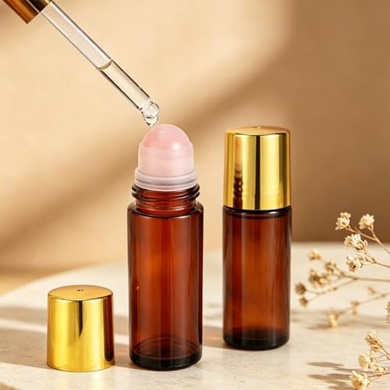 2 Pack 50ml Rose Quartz Essential Oil Roller Bottles - Amber Glass with Gold Cap