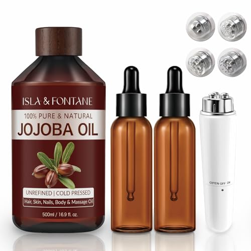 ISLA & FONTANE Jojoba Oil Set ? 17 fl oz (500ml) | 100% Pure & Natural | Golden, Unrefined, Cold Pressed | 2 Dropper Bottles & Massager | Hexane-Free Carrier Oil for Skin, Hair, Face, Nails & Body