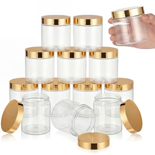 12 Pack 8 oz Clear Plastic Jars with Gold Lids