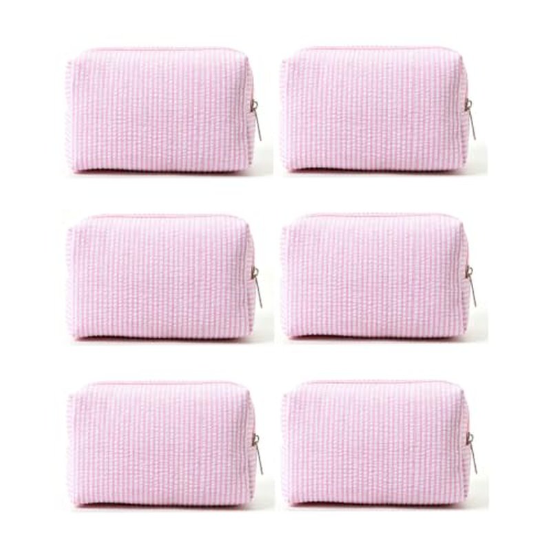 6-Pack Cute Seersucker Makeup Bags - Portable Travel Organizer