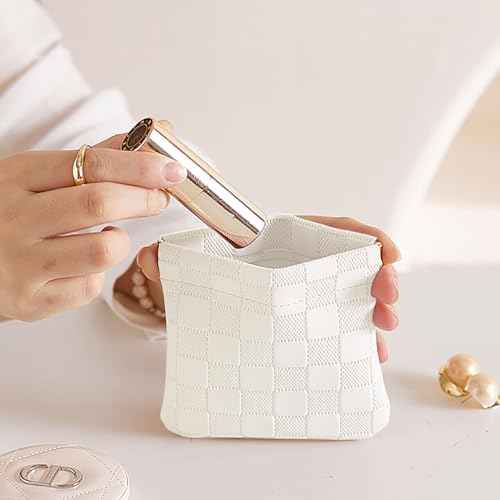 Leather Pocket Cosmetic Bag for Purse,Coin Purse Lipstick Cosmetic Accessories Organizer, Travel Kit Storage Pouch,Waterproof Portable No Zipper Self-closing (White/Small)