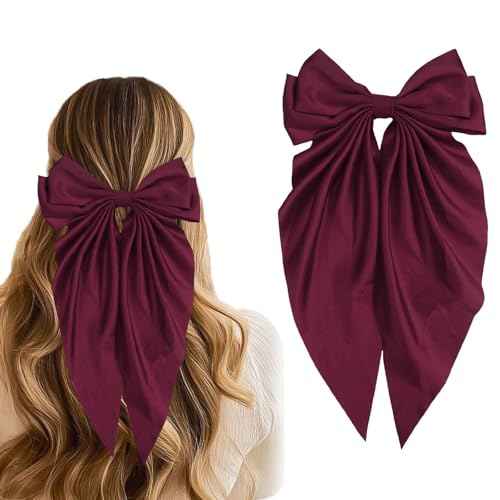 Hair Bows Vintage Bow Clips Dark Red Ribbon Bows Barrettes Large Bowknot Clip Satin Bowknot French Barrette Long Tail Cute Bow Hair Accessories For Girls Women