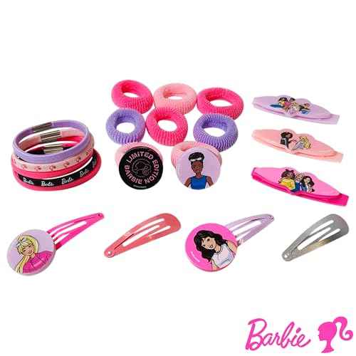 Luv Her Girls' Hair Accessories Set - 20 Pack Featuring Barbie - Includes 3 Barrettes, 4 Snap Clips, 5 Elastics, 8 Terry Ponies - Everyday Wear, Special Occasions, Ages 3+