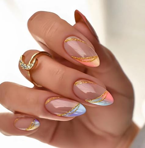 Press on Nails Short,24pcs Anyos Almond French Tip with Gold Glitter Design Fake Nails for Women and Girls with 1 Nail Gule (Almond Gilt multicolor)