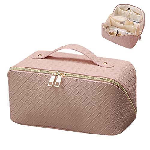 Travel Cosmetic Bag with Compartments - Large Capacity, Lay Flat, Pink Checkered Pattern PU Leather Portable Makeup Bag for Women & Girls