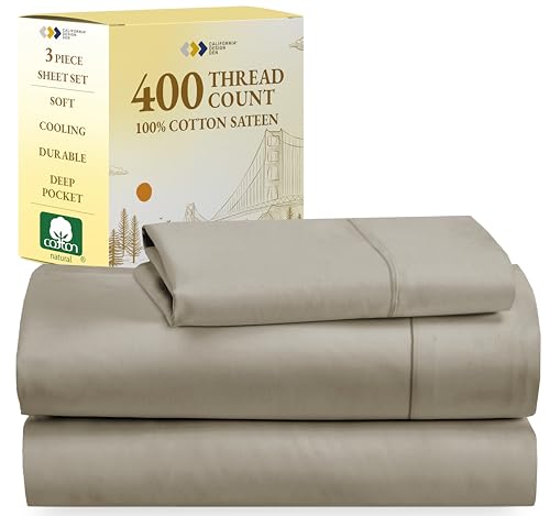 California Design Den Softest 100% Cotton Sheets, Twin Sheets Set, 3 Pc, 400 Thread Count Sateen, Bedding for Dorm Rooms & Adults, Deep Pocket Sheets, Cooling Sheets, Twin Bed Sheets (Taupe)