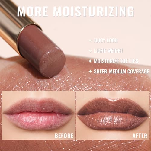 Oulac Moisturizing Shine Brown Red Lipstick for Women - 2 in 1 Glossy Brown Tinted Lip Balm, Hydrating Winter Lipstick for Dry Lips,Shine Juicy Finish Vegan 2.2g/0.07oz (03) | Moisturizing, Tinted Lip Balm