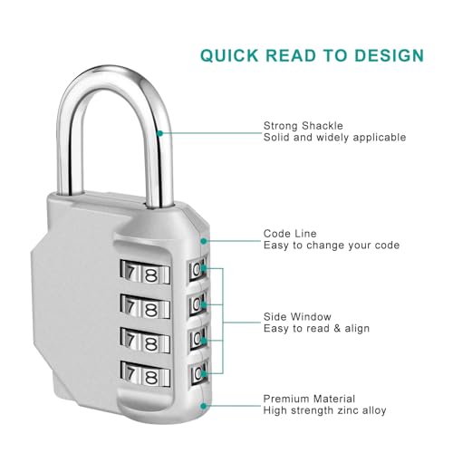 ZHEGE Combination Lock Outdoor, 4 Digit Re-settable Padlock for Gym, School, Fence, Employee Locker (Sliver)