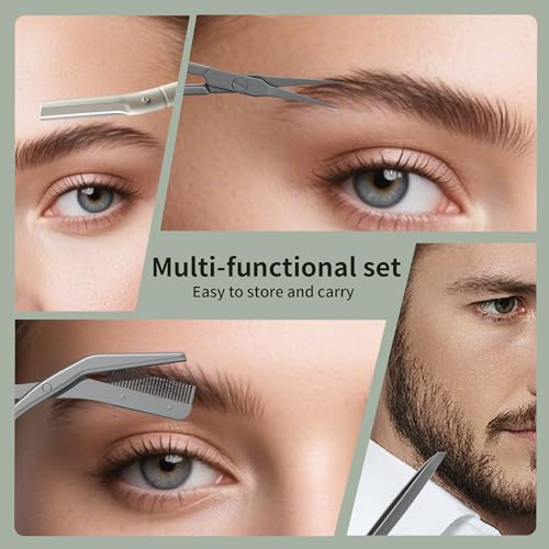 Eyebrow Trimmer Kit Scissors Tweezers Razor Facial Shaver Grooming Set with Mirror Travel Cases