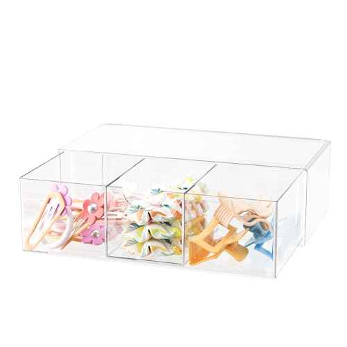 Hair Accessories Organizer for Girls, Clear Acrylic Hair Bow Tie Clip Scrunchie Holder with Removable Divider, Cute Small Stackable Storage Drawer Container Caddy Box for Bathroom Vanity Countertop