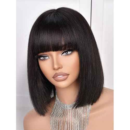 Bob Wig Human Hair 210% Density Bob Wig with Bangs 100% Human Hair Wigs for Black Women Pre-Bleached Glueless Straight Bob Wigs(10Inch,black bob wig)