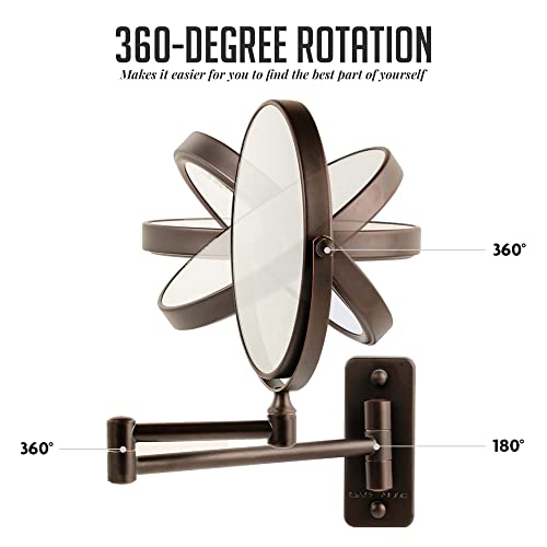 OVENTE 7" Wall Mounted Makeup Mirror with 1X/7X Magnification, Double Sided Magnifying Round Bathroom Vanity Mirror, 360¡Æ Swivel Design, Extendable and Folding Arm, Antique Bronze MNLFW70ABZ1X7X