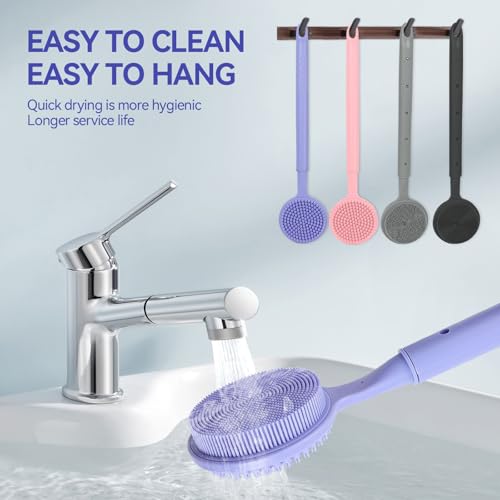 Back Scrubber for Shower, (16-24 Inch) Extendable Bath Brush Long Handle for Shower, Silicone Body Scrubber with Handle, Back Brush for Shower Men and Women,Easy to Clean (Purple)
