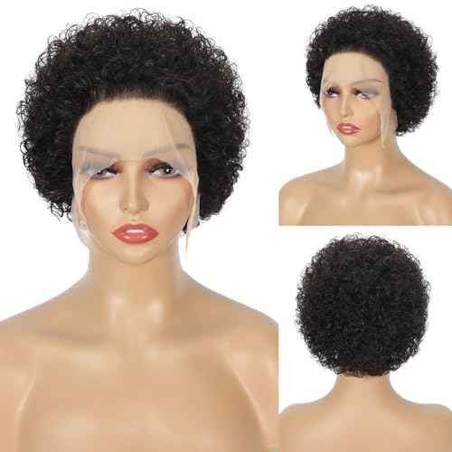 NEWMI Pixie Cut Wig Human Hair 13X1 Transparent Lace Front Human Hair Wigs Natural Black Short Curly Wigs Human Hair Pre Plucked for Black Women 6 Inch