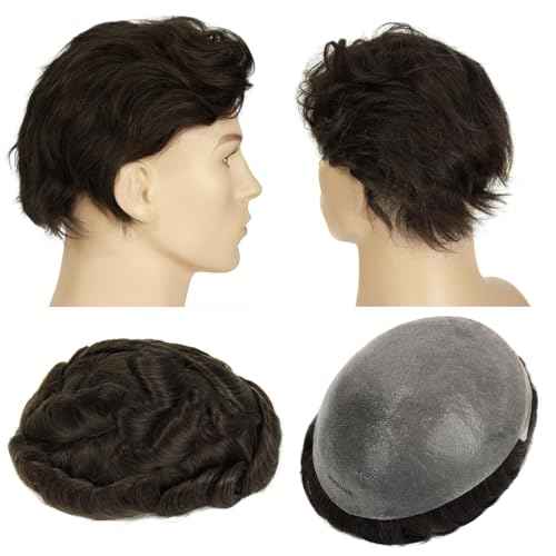 0.08mm PU Skin Human Hair System for Men, 8x10 Inch PU Base Knotless V-Looped Hairline 110% Medium Density Toupee #4 Medium Brown