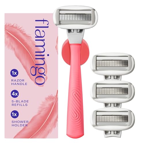 Flamingo Pink Shaving Razor Kit for Women with 4 Refills and Holder - 5-Blade Cartridge