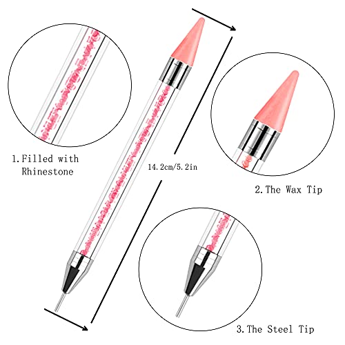 Kaychan1 Rhinestone Applicator Tool - Acrylic Handle Dual-Ended Wax Pen DIY Nail Art Tool with 4 Extra Wax Tips 1 Tweezer (Pink)