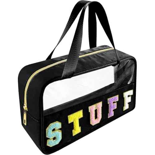 Chenille Letter Clear Makeup Bag Stuff Patch, Travel Toiletry Makeup Bag with Handle, Nylon Waterproof Makeup Bags clear cosmetic bag, preppy patch makeup bag for Women (STUFF-Black)