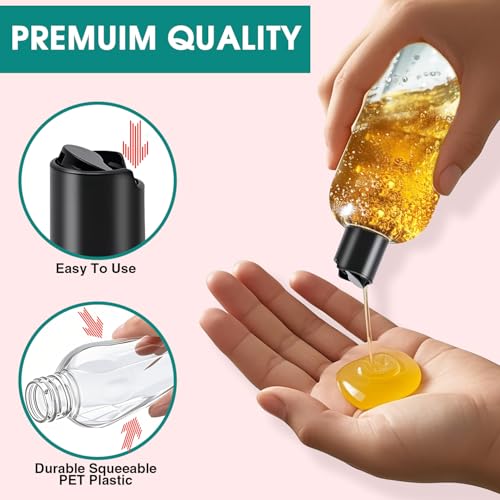 16 oz Clear Plastic Empty Bottles with Black Disc Top Caps, 12 Pcs Squeezable Refillable Shampoo Bottles Travel Cosmetic Containers for Lotions, Body Soap Cream