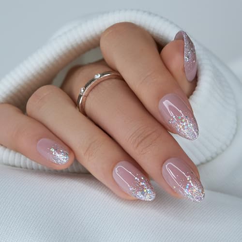 CurvLife Medium Almond Glitter Press-On Nails - Apricot Pink Sparkle, Long-Lasting Gel Finish