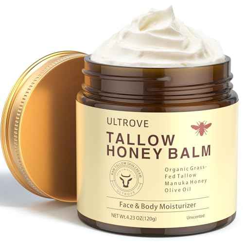 Beef Tallow and Honey Balm for Skin, Natural Face + Body Moisturizer with Organic Grass-Fed Beef Tallow & Raw Wild Honey for Dry & Sensitive Skin, 4.23oz