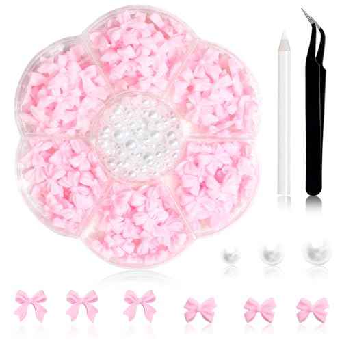 300Pcs Bow Charms and Flatback Pearls, Pink Bowknot 3D Cute Nail Supplies for Acrylic Design, 3-5mm White Half Pearls for Jewelry DIY Crafts Art Decoration Accessories