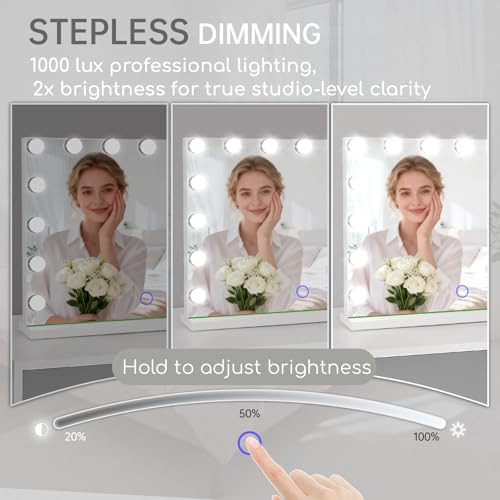 Hollywood Vanity Mirror with Lights 23" x 18" - 15 LED Bulbs, 3 Color Modes, 10x Magnifier