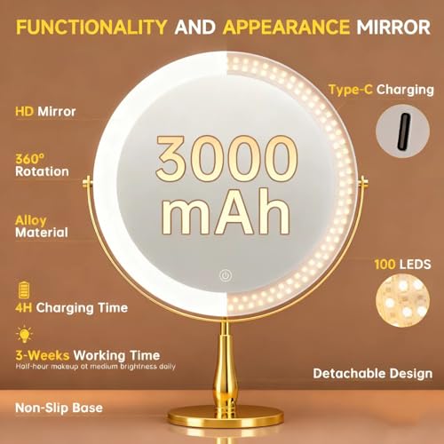 11.8" Extra Large Lighted Makeup Mirror, 1X/10X, 2-Sided Magnifying Mirror with 96 LEDs, 3 Color Dimmable Lights, 360¡Æ Swivel, LED Vanity Mirror, White - Great Gift Gold