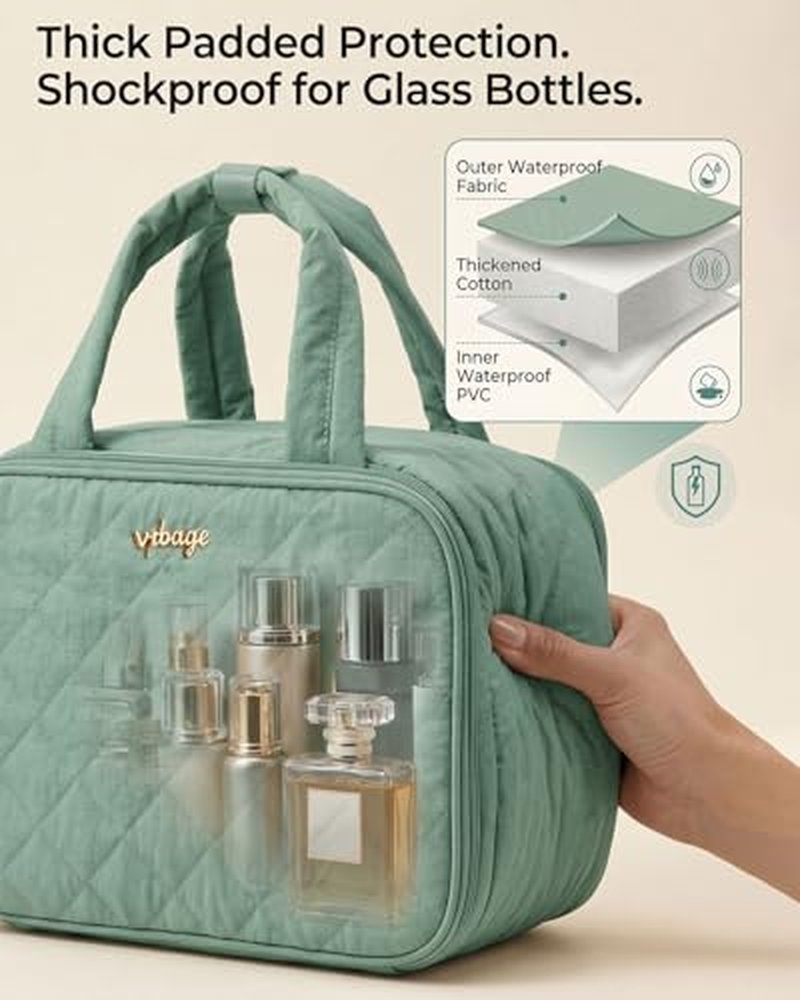 Large Quilted Toiletry Bag for Women with Removable Divider