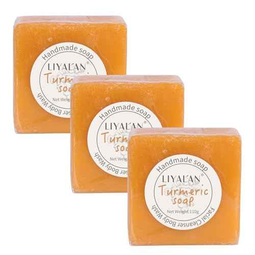 LIYALAN Turmeric Soap Bar 3.88 oz each Bar for Face and Body evens out skin tone,Smooth Skin,Cleansing Handmade Soap contains 3 bars with a fresh ginger and lemongrass scent