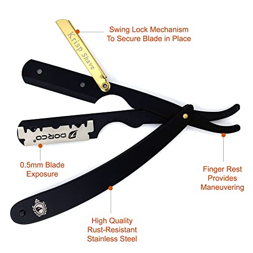 Professional Straight Razors For Men, Barber Razors, Straight Edge Razor Kit For Close Shaving - Beard Cut Throat Straight Razor Safety Shavette - 10 Shaving Blades By Krisp Beauty (Black/Gold)