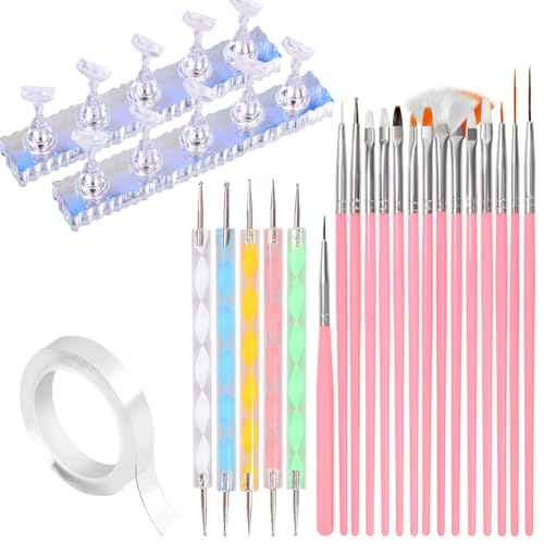 Nail Art Tools, Nail Holder for Painting Nails, 15 PCS Nail Art Brushes, 5 PCS Nail Dotting Tool, Nail Stand for Home DIY & Salon Nail Art Design