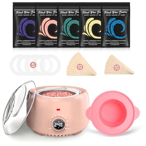 Waxing Kit for Women and Men, Digital Wax Warmer with 14OZ 5 Bags Hard Wax Beads, at Home Wax kit for Full Body, Face, Eyebrows, Bikini, Legs, Brazilian & Sensitive Skin (Blush)