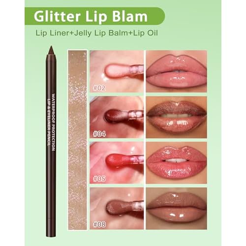Brown Lip Liner Waterproof Lip Kit with Lips Oil Gloss Plumper Jelly Lips Balm Clear Shimmer Combo,Moisturizing Lipstick Tinted Lipoil Lightweight Non Sticky Liquid Lipstick Women Makeup Gift-Set 02