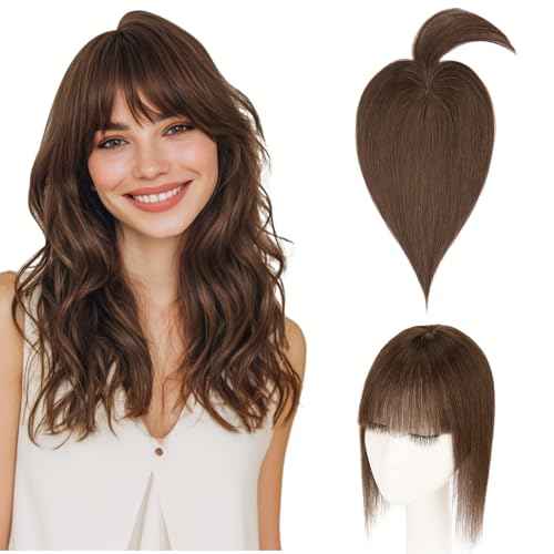 Hairro Mono Hair Toppers with Bangs, 3.4" x 3.4" Mono Base 100% Real Human Hairpieces for Women, 150% Density Clips In Topper for Greyish Thinning Hair, 6 Inch Dark Brown