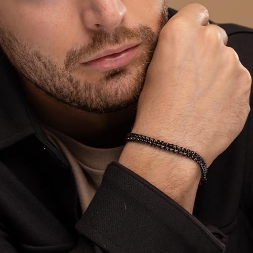 Galis Mens Bracelet - Stainless Steel Bracelet for Men, Non Tarnish Gold Plated Rope Chain Bracelet, Stylish Birthday Bracelets For Boys & Men, Double Layered Black Bracelet For Men - 8" Bracelet Set