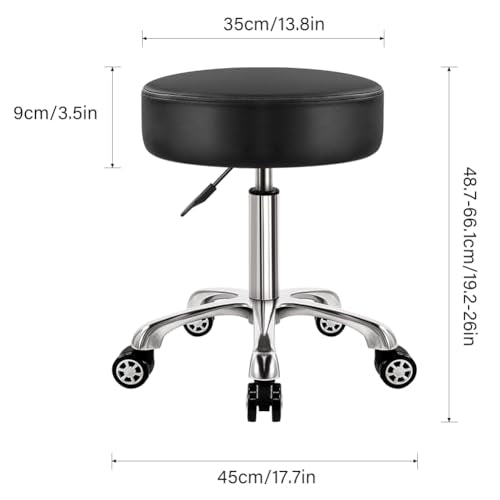 Heavy Duty Rolling Stool with Wheels 360 Swivel Adjustable Rolling Stool Hydraulic Lift Thick Leather Seat Ergonomic Chair for Kitchen Drafting Lab Office Salon Massage Black