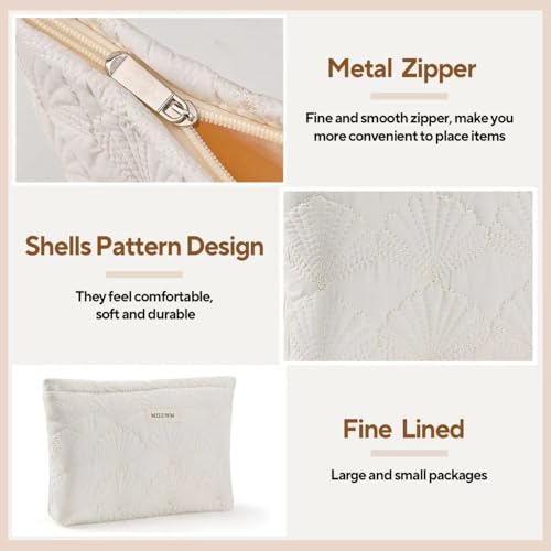 White Cotton Quilted Makeup Pouch£¬Cute Puffy Coquette Makeup Bag,Floral Cotton Quilted Cosmetic Bag for Women and Girls,Makeup Organizer Bag Zipper Pouch (White Shells)