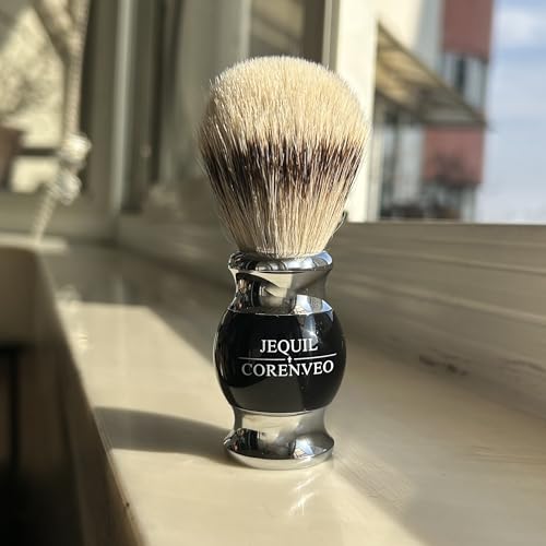 JEQUIL&CORENVEO 100% Silvertip Badger Hair Shaving Brush, Handmade Shaving Brush with Fine Resin Handle and Stainless Steel Base (Black)