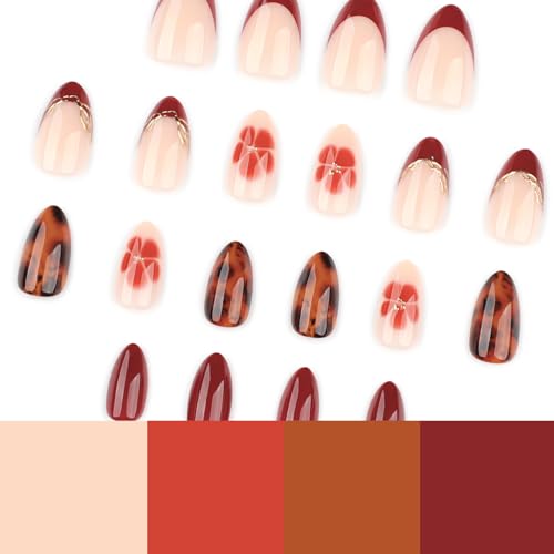 72-3D Burgundy French Gold Short Almond Press-On Nails - Tortoise Shell & Floral Design