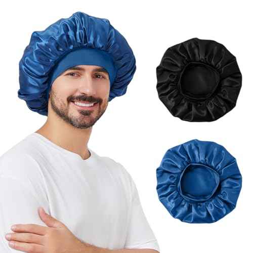 2 PCS Satin Silk Bonnet for Men Women, Hair Bonnet for Sleeping Men with Elastic Band, Large Silk Bonnet for Men Women Curly Hair Braids (Black+Blue)